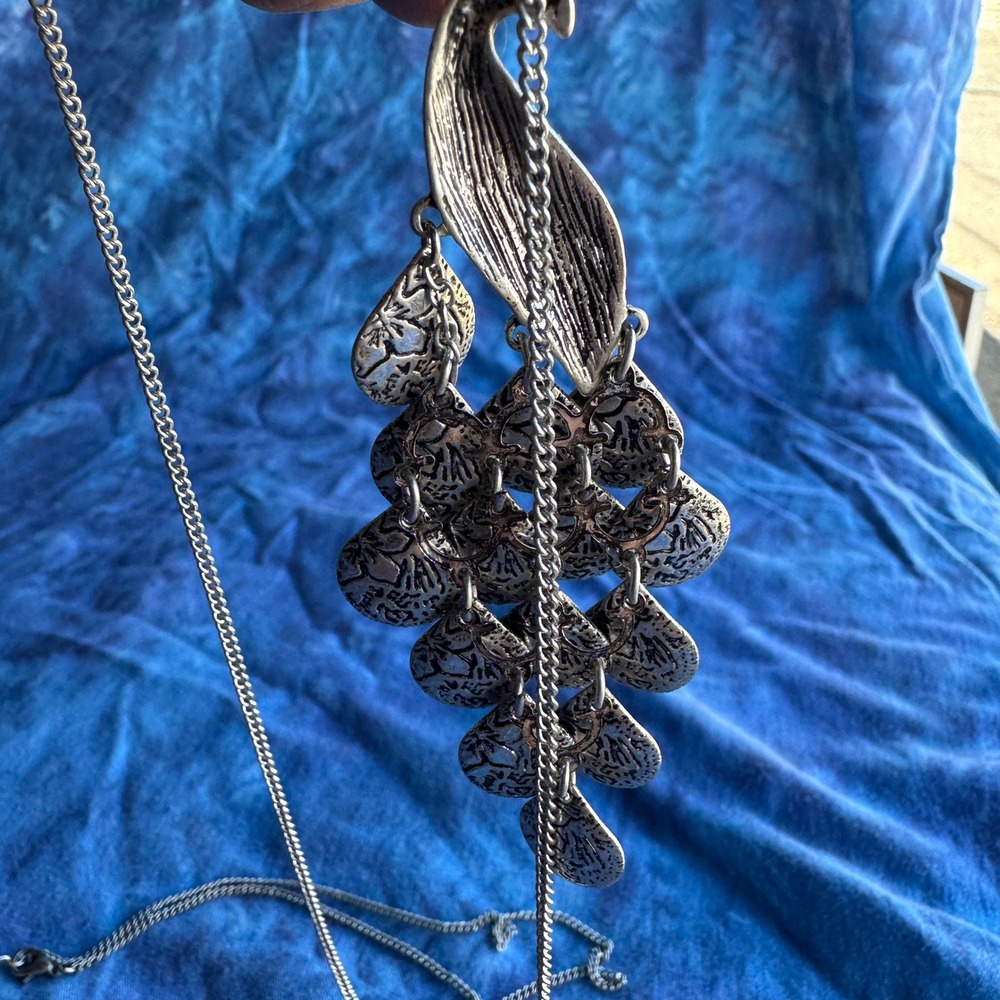 Vintage Peacock Statement Necklace Silver Green Blue Bird Articulated Dangle - Picture 10 of 12